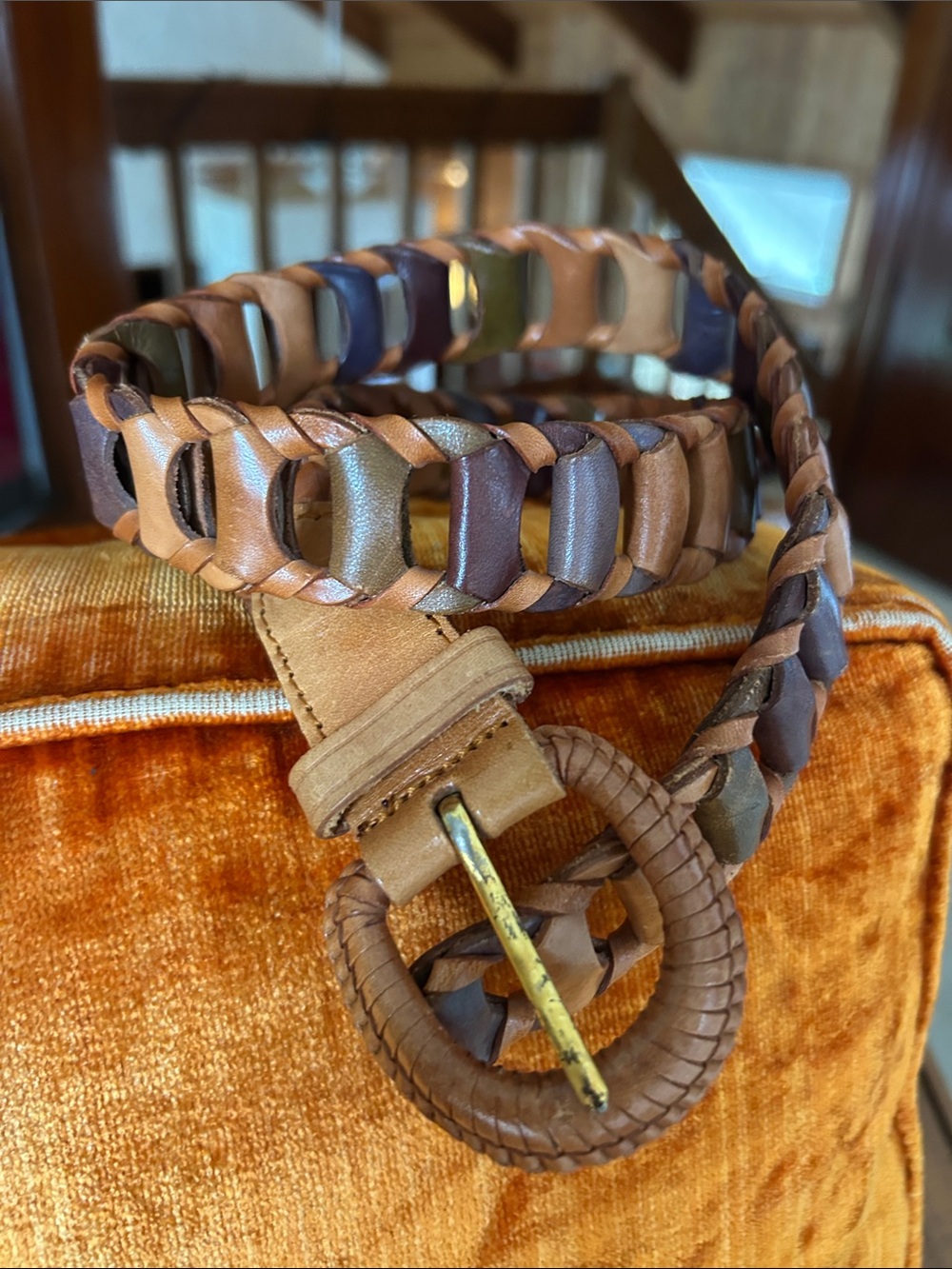 Vintage Multicolored Tan Woven Leather Belt with Interlocking links